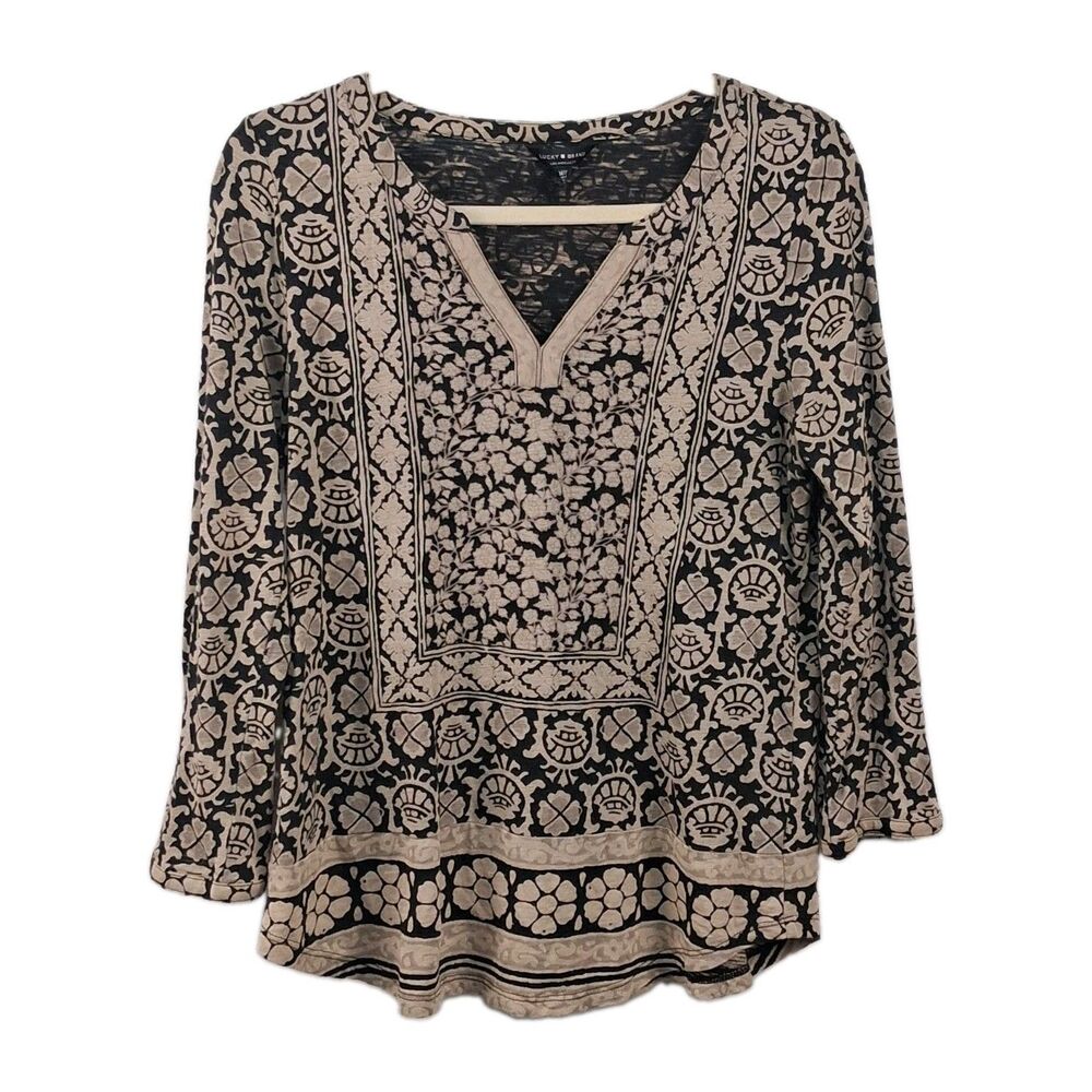 Boho Block Print Split Neck Tunic Top Lucky Brand Cotton Blend Size M